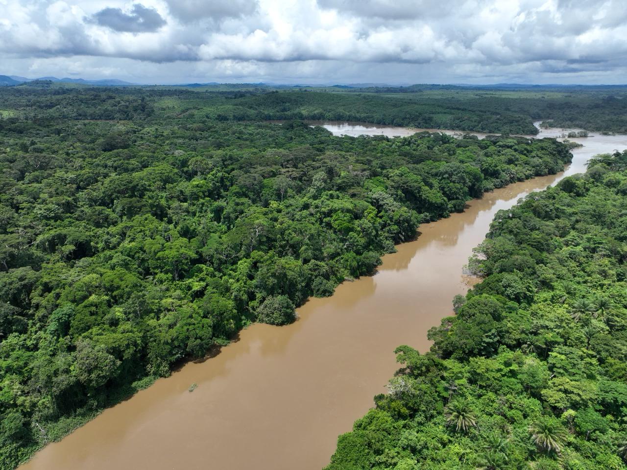 Aerial View of River Winding Through Kambui Hills Forest